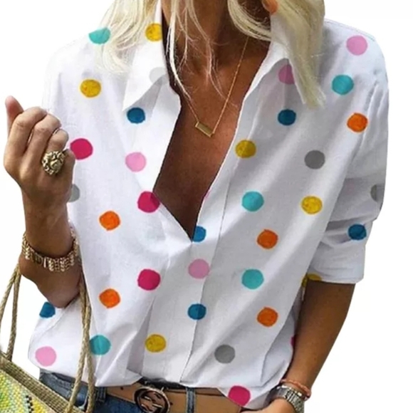 fashion designs Tops - LONG SLEEVE POLKA DOT BLOUSE
